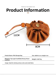 Detail view of mini crazy horse leather coin purse with dimensions 8cm by 4cm