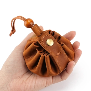 Vintage crazy horse leather drawstring coin purse with wood bead and metal buckle closure