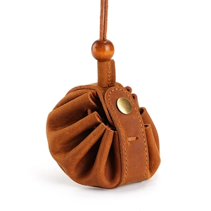 Handmade brown crazy horse leather coin purse with drawstring and wood bead closure