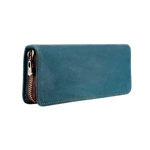 Estuche vintage de cuero crazy horse azul pavo real con cierre de cremallera