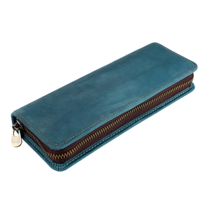 Estuche retro de cuero crazy horse azul oscuro con cremallera cuadrada y costura manual