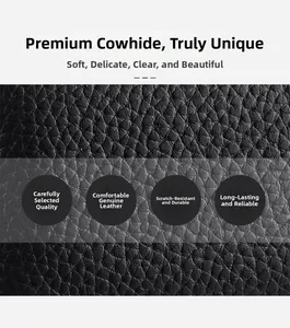 Detailed macro shot of durable black litchi grain genuine leather wallet texture