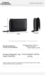 Detail view of tri-fold leather wallet dimensions 7.5cm x 10cm x 2.7cm in black