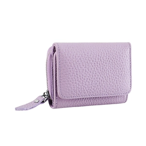 Detail of lavender pebbled leather wallet showing side zipper and compact layered structure