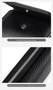 Detail view of premium black lychee texture leather with durable metal zipper and snap button