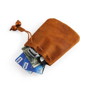 Porte-monnaie rétro en cuir marron avec cordon et perles pour clés et cartes bancaires