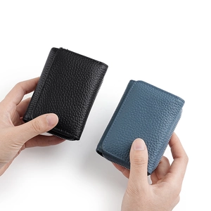 Japanese style RFID leather tri-fold wallet with coin pocket in black and blue colors