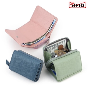 Japanese style RFID leather wallet with tri-fold design and zipper coin pocket