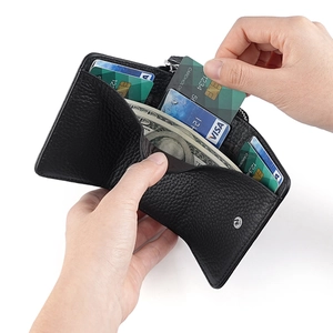 Japanese style black pebble leather RFID wallet with multi-card slots and coin pocket