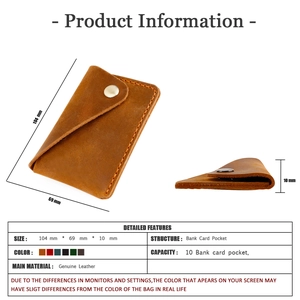 Detailed view of handmade brown leather card wallet with dimensions 104x69x10mm