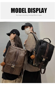 Side view of retro PU leather backpacks in brown and black with metal buckles