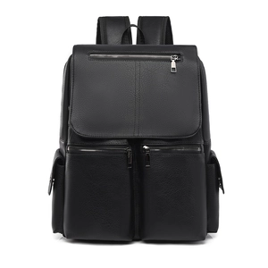 Classic black leather business backpack with multi-pocket design and silver zippers