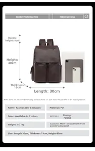 Detailed size specifications of brown PU leather backpack with dimension measurements