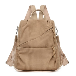 Classic khaki corduroy backpack for women with multiple pockets and vintage design