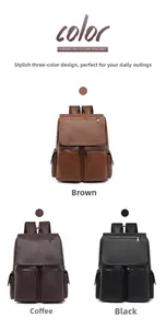 Front view of vintage multi-pocket PU leather backpacks in brown, coffee, and black