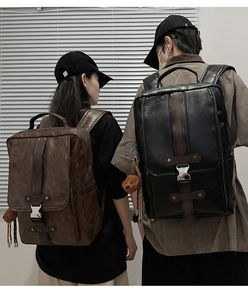 Detailed view of PU leather backpack showing flip-top cover and metal buckle with bear charm
