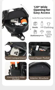 Detailed view of black pebbled backpack featuring a wide 120-degree opening and compartments