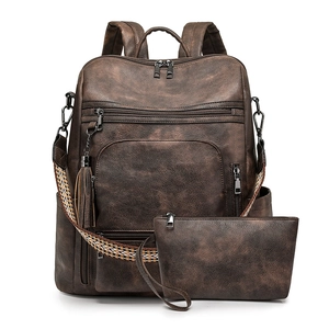 Vintage Women PU Leather Backpack Large Capacity Laptop Compartment Bohemian Woven Strap Tassel Charm And Pouch Bag