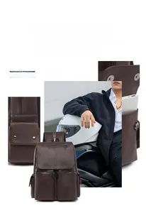 Detail view of deep brown leather backpack side pocket with snap button for power bank