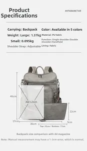Detailed size comparison chart for large PU leather backpack with dimensions and A4 reference