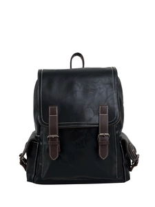 Detail view of black vintage PU leather backpack with brown straps and metal buckles