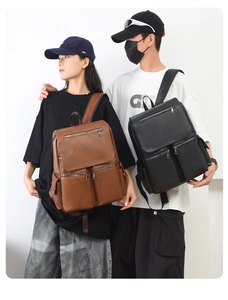 Detail of premium brown and black faux leather backpacks with dual front zipper pockets