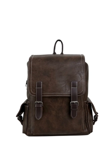 Detail view of dark brown PU leather backpack with contrast stitching and metal buckles