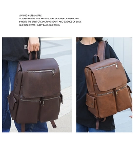 Detail of vintage leather backpacks in dark brown and caramel showing multi-pocket design