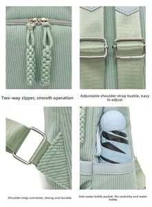 Detail view of light green corduroy backpack with sturdy metal zippers and reinforced straps
