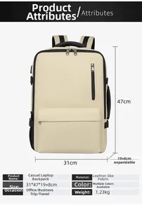 Vue détaillée du sac à dos de voyage extensible avec dimensions et tissu enduit