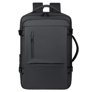 Front view of black expandable business travel backpack with waterproof fabric and buckles