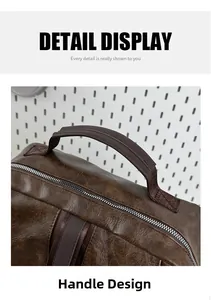 Macro shot of durable faux leather handle and reinforced stitching on a brown backpack