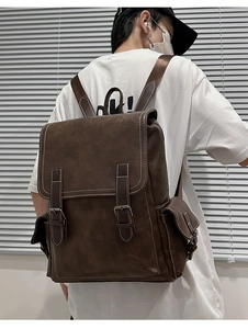 Rear view of a vintage dark brown PU leather backpack with double buckle closure