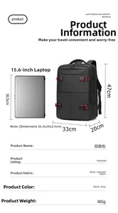 Detail view of black travel backpack dimensions showing 47x33x20cm for 15.6 inch laptops