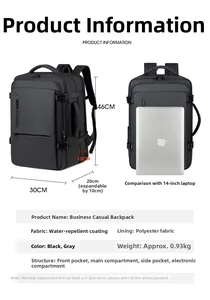 Detail view of water-resistant travel backpack showing 10cm expandable capacity and multi-compartment