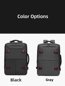 Detailed comparison of professional business backpacks in black and gray with red buckles