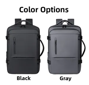 Detail view of black and grey business travel backpacks with side compression straps and handles