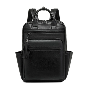 Detailed view of black PU leather backpack with tassel zipper and polished silver hardware