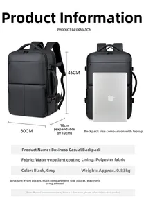 Business casual backpack detail showing water-repellent fabric and expandable compartment