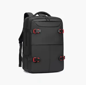 Detail view of business backpack with black waterproof fabric and red functional buckles