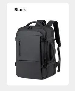 Detail view of the black travel backpack featuring waterproof fabric and side buckles