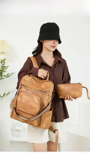 Vintage brown PU leather backpack with tassel detail and matching wristlet clutch set
