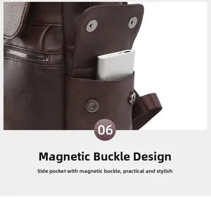 Detail of side pocket with magnetic buckle on dark brown leather business backpack