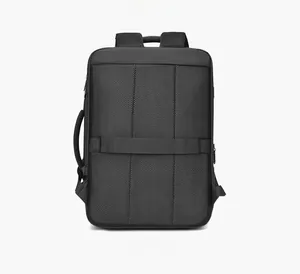 Business backpack back view featuring breathable padding and luggage trolley strap system