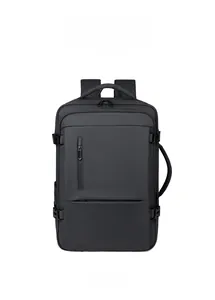 Front angle display of a professional black business laptop backpack in waterproof material