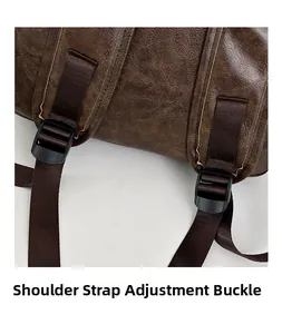 Detail of adjustable nylon shoulder straps and plastic buckles on brown faux leather backpack