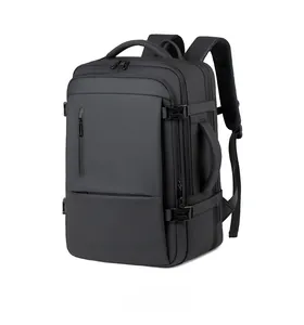 Side view of a black business travel backpack showing side handle and adjustable buckles