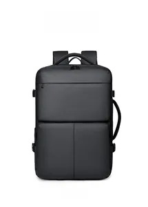 Front view of black waterproof travel backpack with multi-compartment zipper design