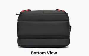 Bottom view of black business backpack showing waterproof fabric and USB charging port