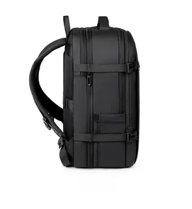 Side view of black business backpack featuring durable waterproof fabric and compression straps